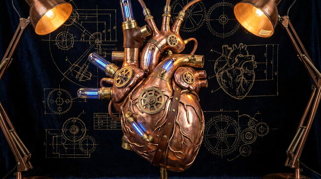 Detailed steampunk mechanical heart with clockwork copper gears.