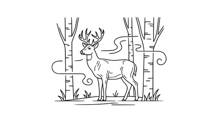 Obraz premium Elegant Deer Standing in Birch Forest, Minimalist Outline Illustration