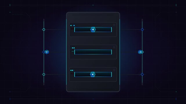 Futuristic digital interface control panel with neon blue sliders