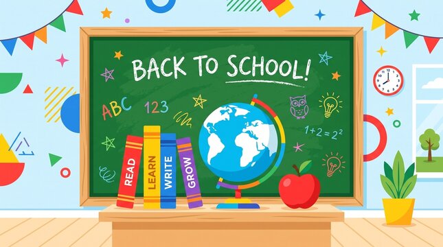 Back to School Illustration with Chalkboard and Learning Elements