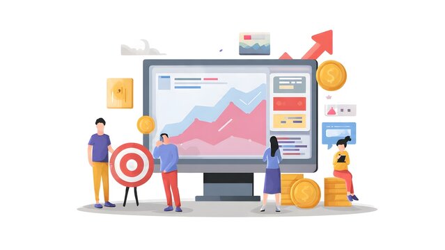 People analyze financial data, monitor business growth, set goals, and discuss strategy around large monitor.