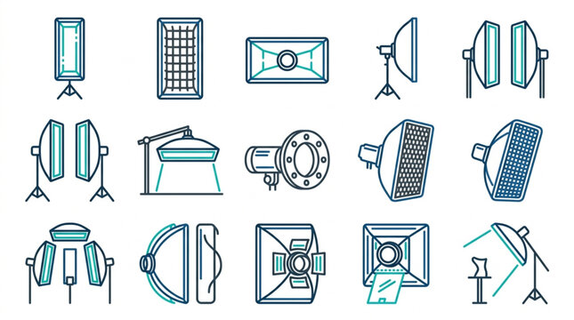 Collection of Professional Photography Lighting Equipment Icons.