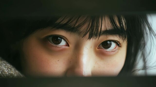 Young girl peers through dark bars with wide, curious eyes. Soft light highlights her face and lashes. Hair frames her forehead subtly. Expression mixes innocence with intrigue