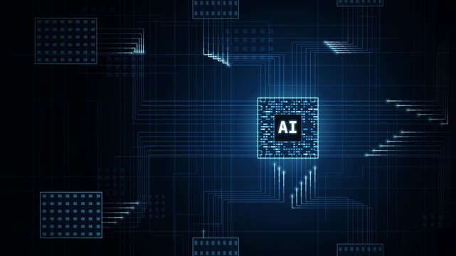 Dynamic close-up of a CPU with glowing circuits and data flows, featuring the text 'AI' at the center, set against a deep dark background with vibrant blue tones, creating a futuristic and high-tech