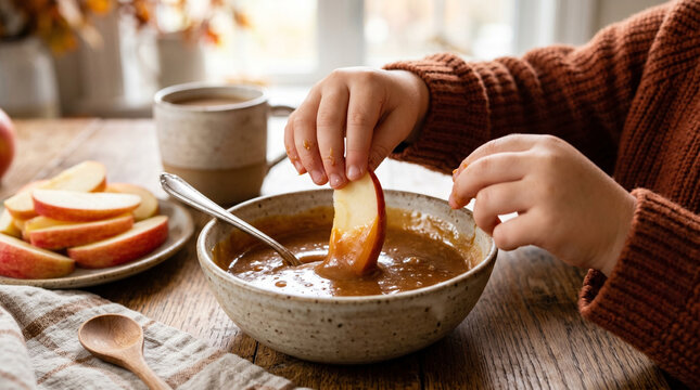 Child dipping apple slice into caramel sauce in cozy kitchen setting  