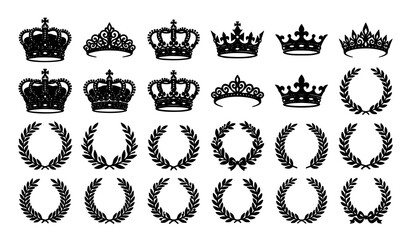 Crown and laurel wreath icons set royal crowns tiara vintage insignia vector collection © MdMafijur
