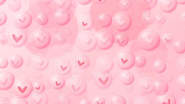 Abstract pastel pink foam with glass hearts inside bubbles background loop motion graphics