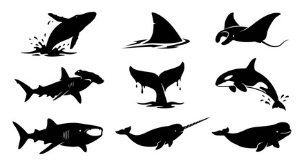 Marine life whale and shark black silhouette set. © Bolo