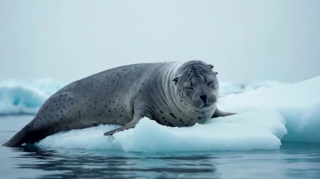 A beautiful spotted seal rests peacefully on a bright ice floe in cold arctic waters.