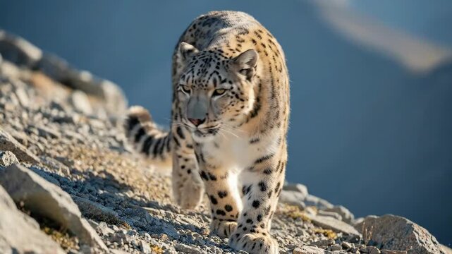 Majestic snow leopard walking on a rocky mountain slope, eyes focused forward