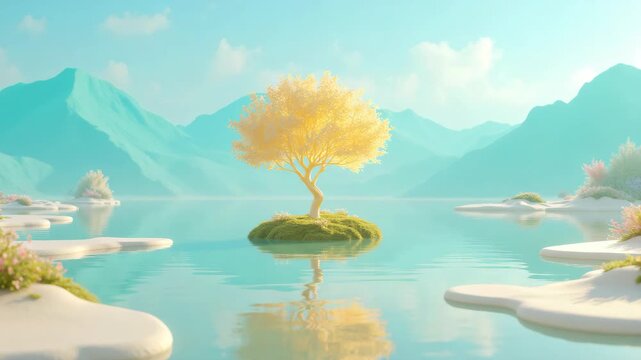 A scenic view of a serene lake with floating islands and a single tree, surrounded by mountains under a clear sky.