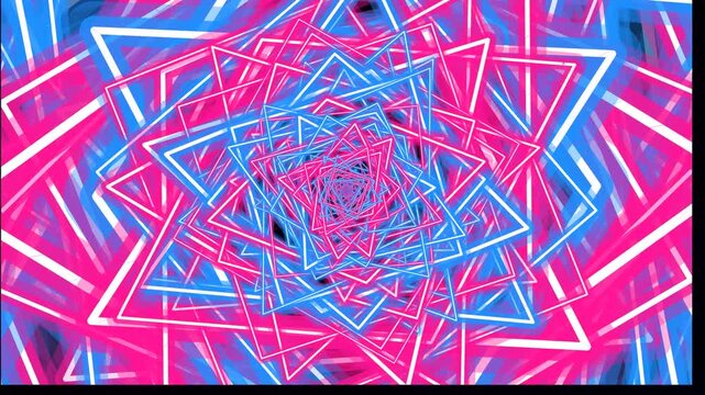 Abstract futuristic motion graphics footage of a glowing neon pink and blue diamond tunnel loop.