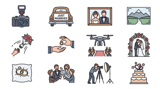 Collection of flat design icons for various events and activities.