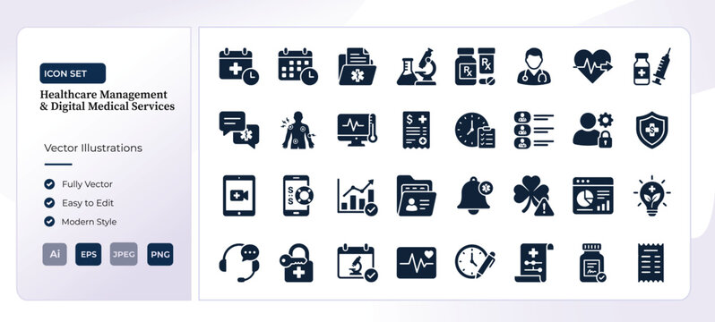 Healthcare management and medical icons. Digital health services and clinical vector set.