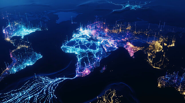 Abstract digital map of the world showing interconnected global communication networks and data flow.
