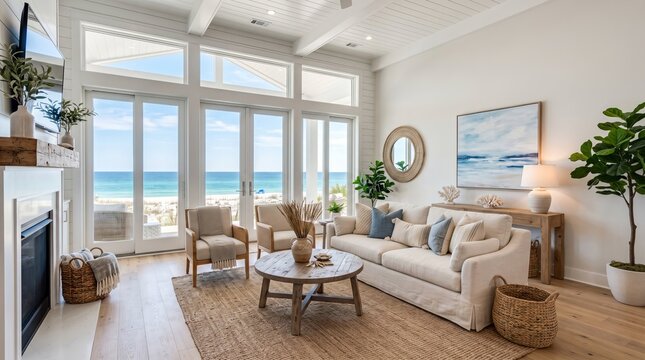 Coastal living room interior with airy layout, beach-inspired decor, relaxed seaside atmosphere, modern coastal house style
