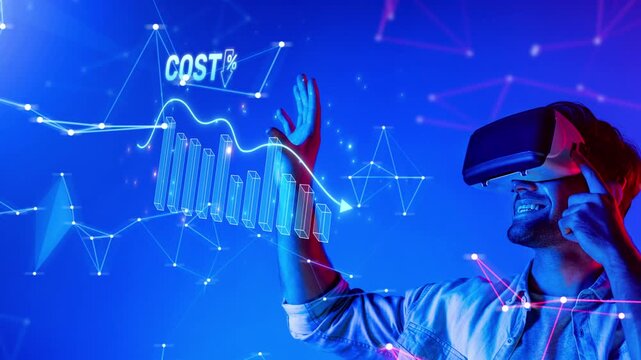 A young man enjoys an immersive virtual reality experience, engaging with data visualization of cost metrics and trends in a vibrant blue digital space. Raster