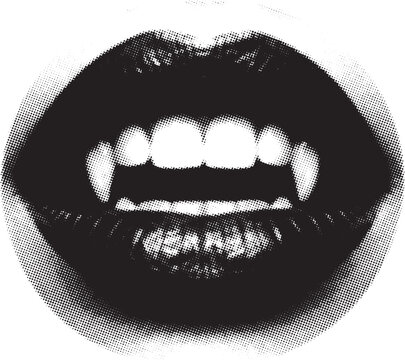 A circular halftone graphic of vampire lips with sharp fangs during a dark concept
