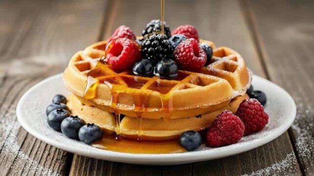 Delicious golden waffles with fresh mixed berries and pouring maple syrup.