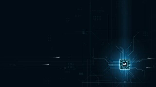 Dynamic digital backdrop featuring a central glowing AI chip amidst intricate circuit traces, with a deep dark blue background and bright teal accents, creating a futuristic and tech-inspired