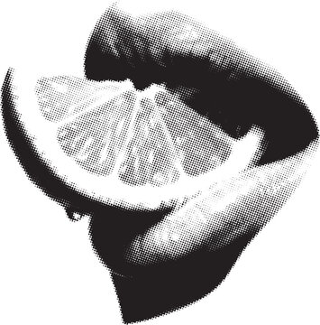 Halftone citrus slice held in hand against white background abstract concept