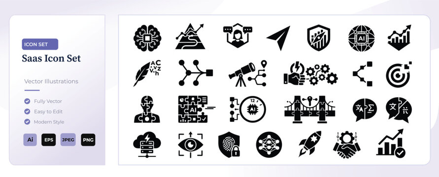 SaaS icon set for business software. Digital technology symbols for web and mobile apps.