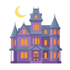 Fototapeta premium Spooky purple Halloween haunted house mansion with glowing windows and crescent moon, cartoon illustration isolated on white background.