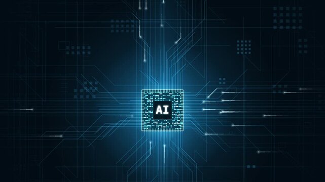Dynamic CPU Animation Featuring AI with Deep Background, Circuit Traces, and Glowing Effects in a High-Tech Environment