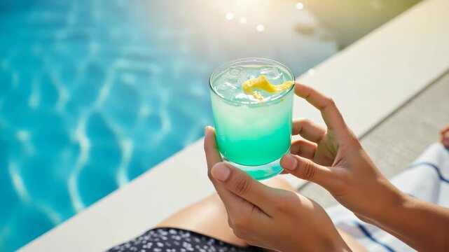 A person holding a colorful drink at the pool.