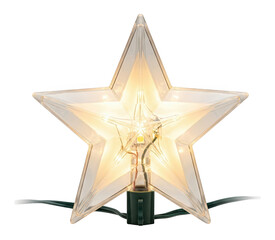 Obraz premium Glowing glass star tree topper shining with warm light and green wiring isolated transparent background image