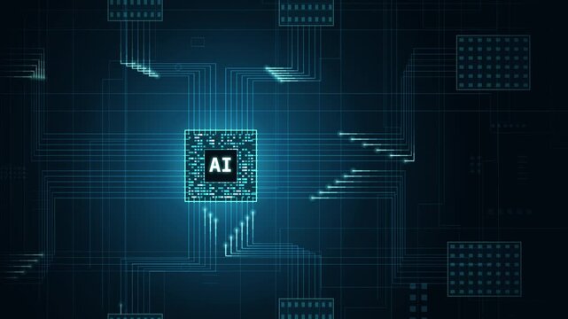 Dynamic motion graphics featuring a central CPU chip with glowing 'AI' text, surrounded by circuit traces and data packets in a deep blue ambiance, showcasing technological innovation and digital