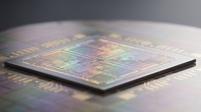 Advanced Silicon Wafer Microchip with Iridescent Semiconductor Circuitry