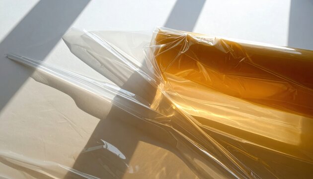 Clear wrinkled plastic film wrapping over amber yellow surface with strong sunlight shadows