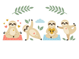 Fototapeta premium Cute Sloth Yoga and Meditation Illustration Set with Hearts and Leaves