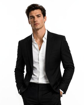 Portrait of a confident handsome man wearing black suit jacket with open collar white shirt isolated on white background.