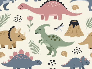 Cute Hand-Drawn Dinosaur Seamless Pattern with Volcanoes and Plants © Maerrie
