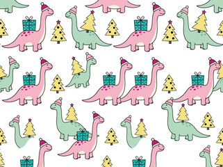Cute Christmas Dinosaur Seamless Pattern with Festive Pink and Green Brontosaurus © Maerrie