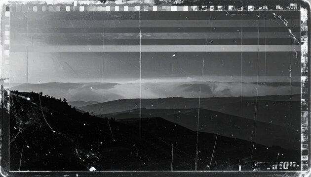 Vintage black and white film frame overlay with scratches over foggy mountain landscape