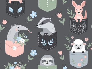 Fototapeta premium Cute Seamless Pattern with Cartoon Animals in Pockets: Sloth, Kangaroo, Sheep, Badger, and Anteater Illustration