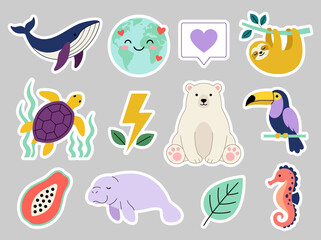Fototapeta premium Cute Eco-Friendly Animal and Nature Sticker Set Illustration