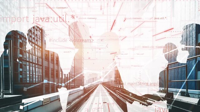 This image captures the essence of technology and software development through digital code overlays and silhouetted figures, set against an urban backdrop. Xenic