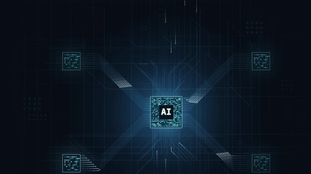 Dynamic motion graphics showcasing a futuristic CPU with glowing circuit traces and the text 'AI' at the center, set against a deep blue background and vibrant circuit colors, highlighting technology