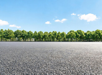 Fototapeta premium A smooth asphalt road stretches forward, flanked by dense green trees under a clear blue sky with scattered white clouds, presenting a serene outdoor landscape.