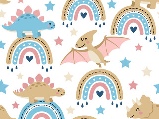 Cute Seamless Pattern with Baby Dinosaurs, Rainbows and Stars. Pastel Dino Nursery Wallpaper and Textile Vector Art for Kids and Infants. © Maerrie