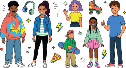 Diverse Teenagers and Kids Character Vector Set with Streetwear Fashion Roller Skates Skateboard Headphones and Pop Art Stickers © MstRabeya