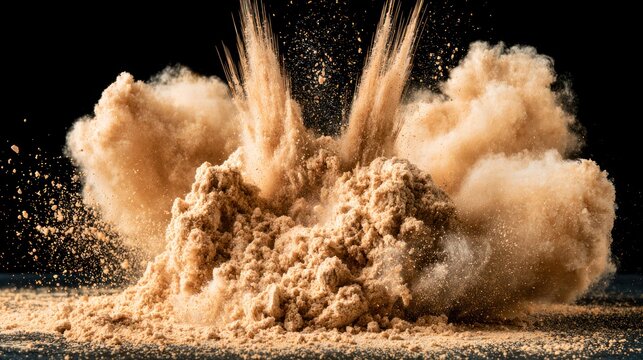 Dynamic sand explosion on a black background.