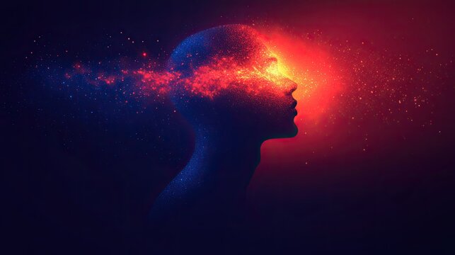 Abstract Silhouette of Human Head Exploding with Red and Blue Cosmic Particles, Representing Thought, Creativity, and Imagination