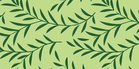 Fototapeta premium Seamless Pattern with Green Leaves on a Light Green Background.