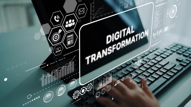 Digital Transformation Concept with Technology Interface and Hands Typing on Keyboard. Asymptotic smart data analytic.