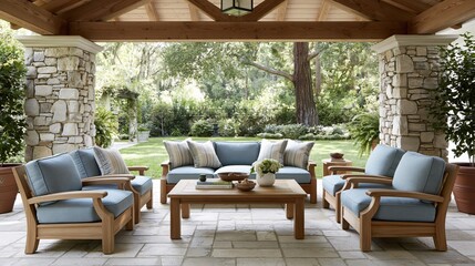 Obraz premium Luxurious outdoor patio furniture set with light blue cushions arranged for conversation in a serene garden setting